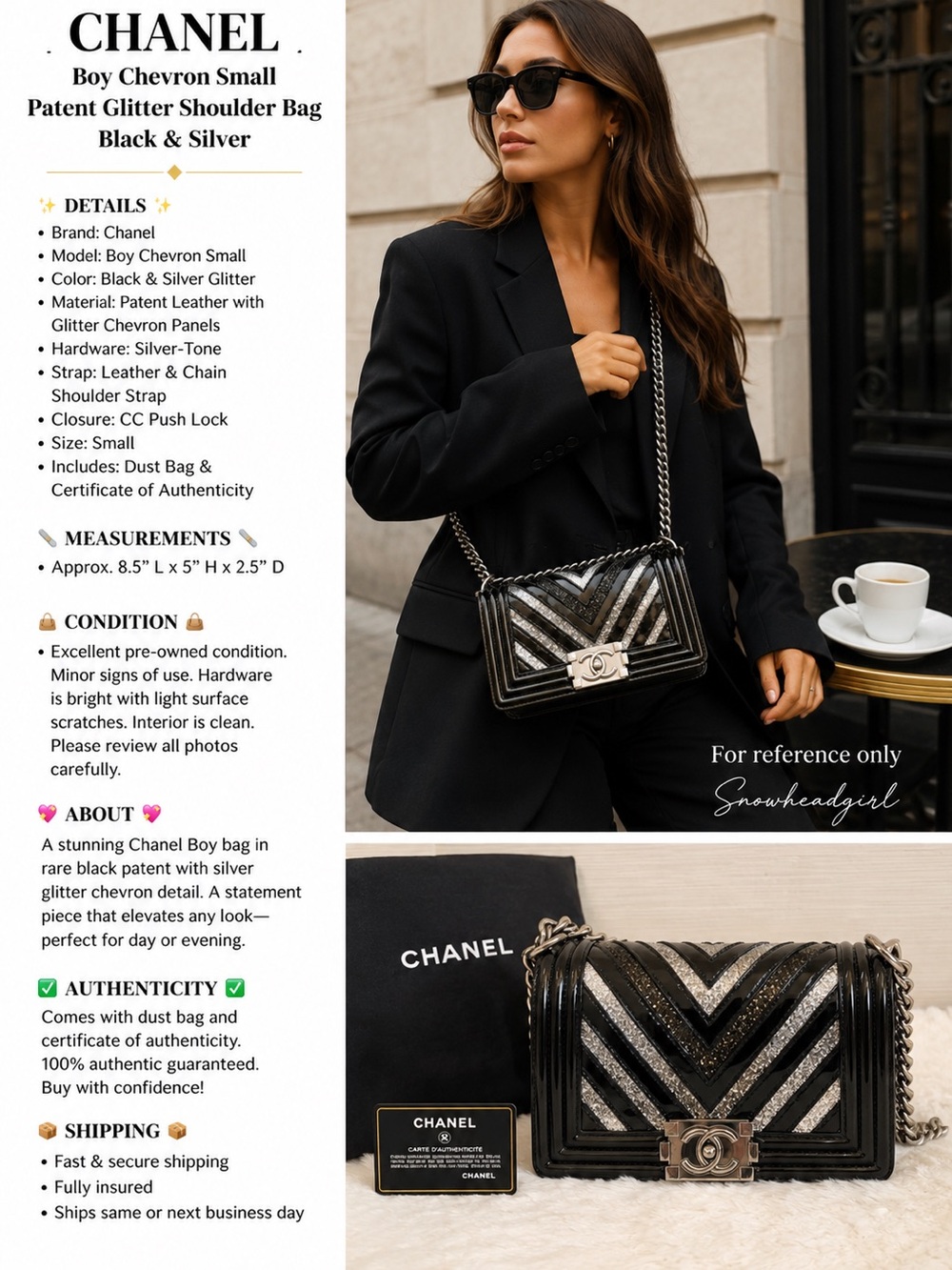 Chanel Boy Chevron Small Patent Glitter Shoulder Bag Black Silver- w/ card